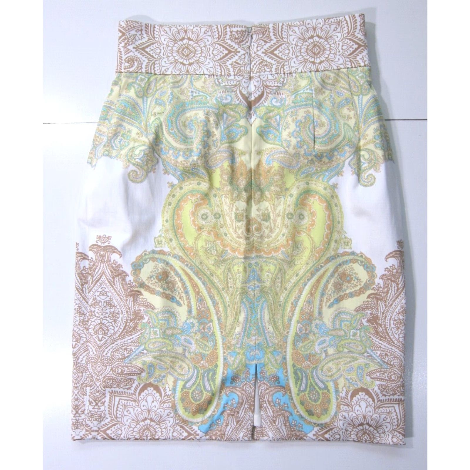 Vintage Antonio Melania Cotton Stretch Paisley Pencil Straight Skirt 2 Green Brown White Size 26" / US 2 / IT 38 - 2 Thumbnail