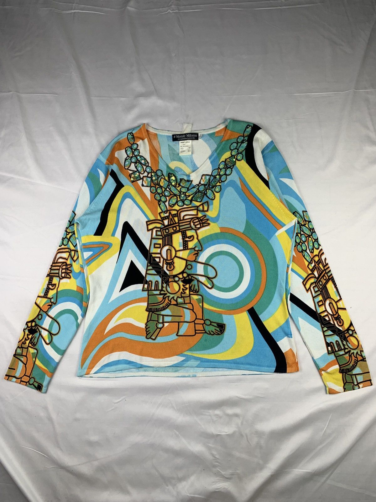Japanese Brand y2k Monte Milano Ethnic Art Graphic Sequin Beady Mesh Top Size L / US 10 / IT 46 - 1 Thumbnail