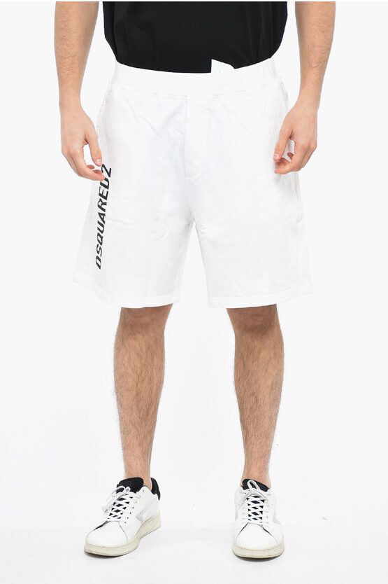 image of Dsquared2 Printed Logo Jersey Sweatshorts in White, Men's (Size 34)