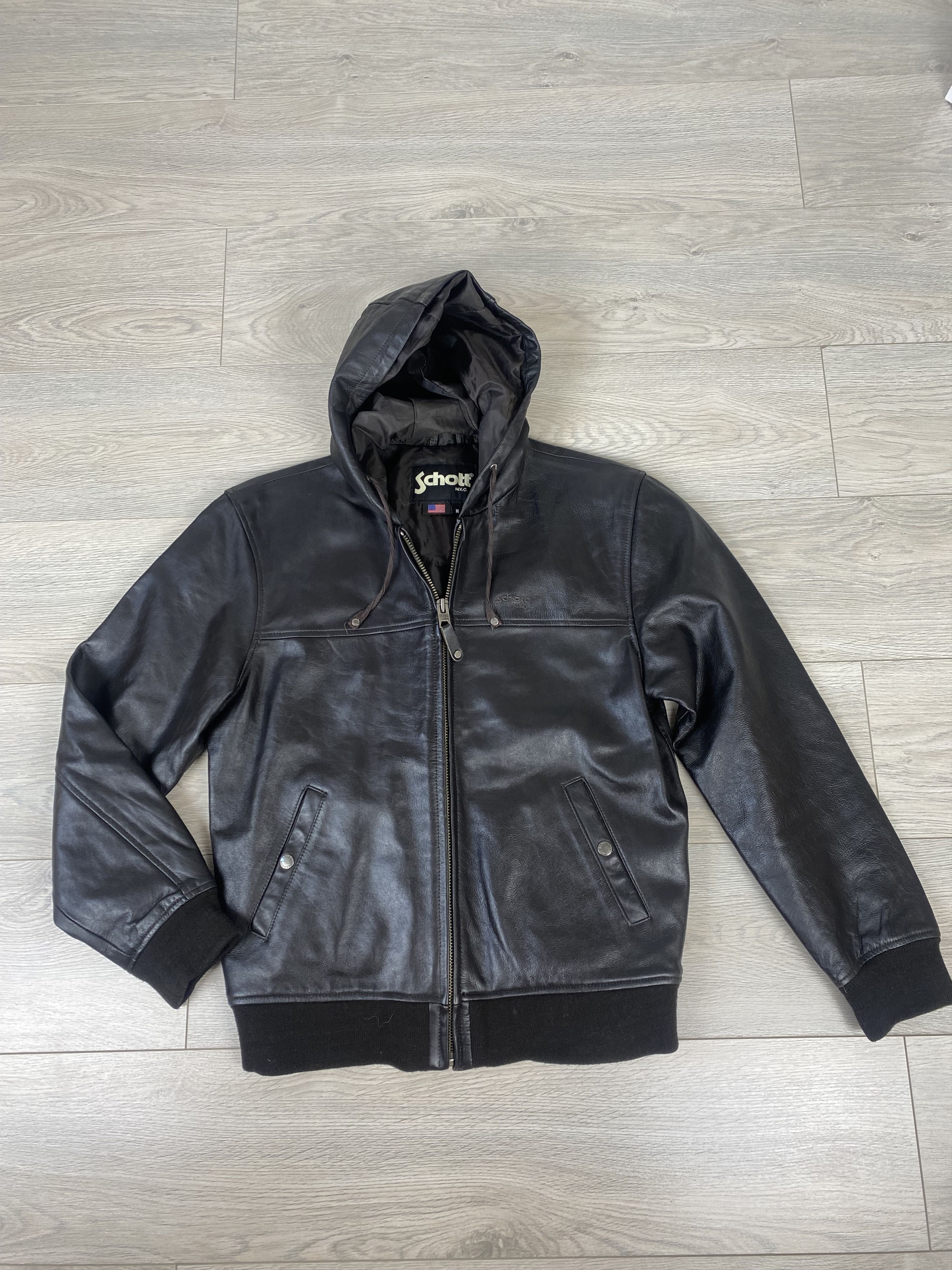 image of Schott Hodded Bomber Leather Jacket in Dark Brown, Men's (Size Medium)