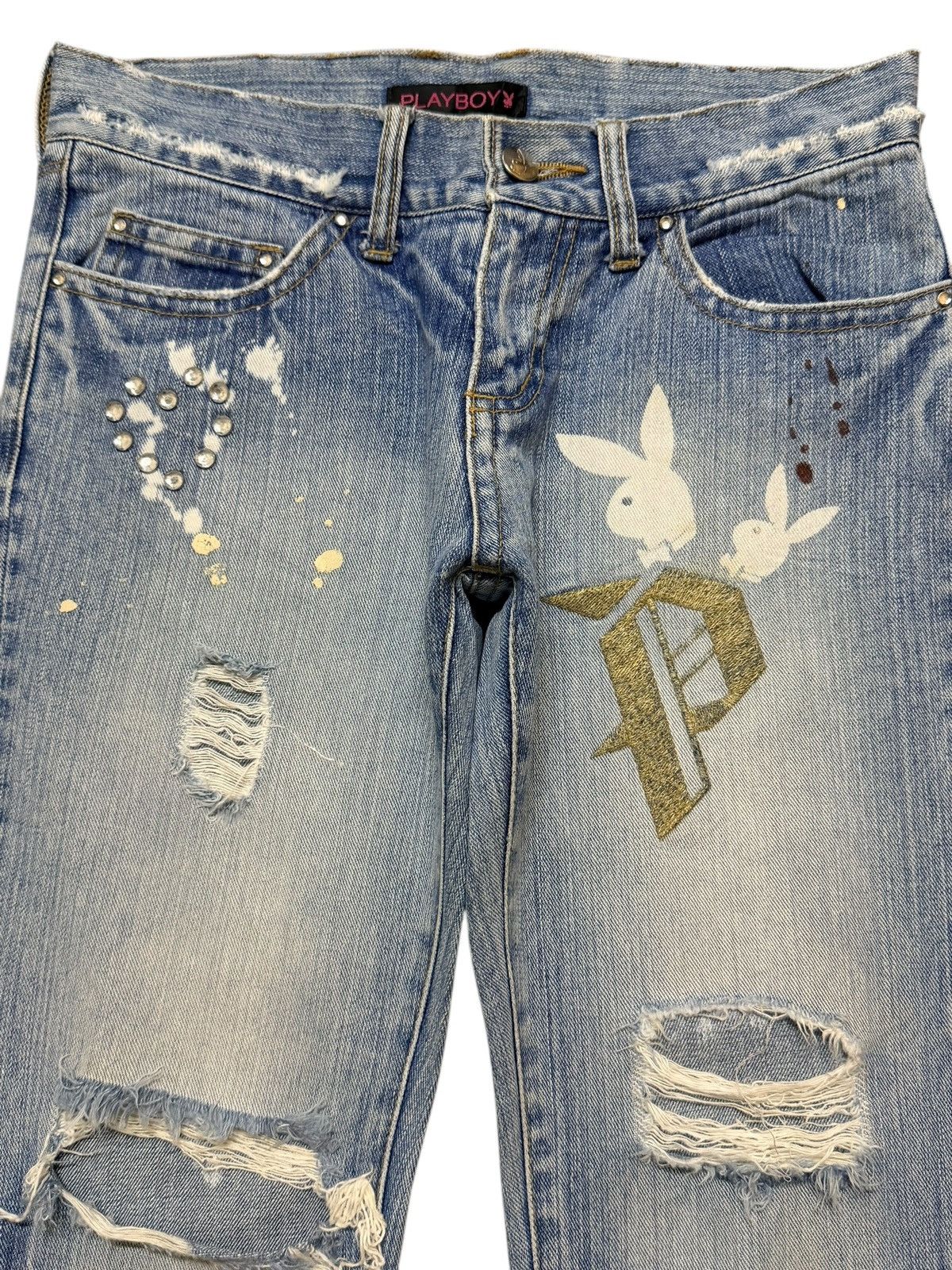 Playboy Vintage Y2K Playboy Faded Wash Paint Splatter Wide Leg Flare Size 28" / US 6 / IT 42 - 3 Thumbnail