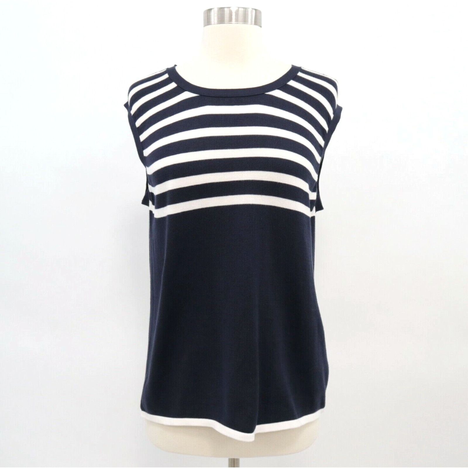 image of Vintage Iris Von Arnim Pullover Sweater XL Sleeveless Striped Navy Blue White Cotton, Women's