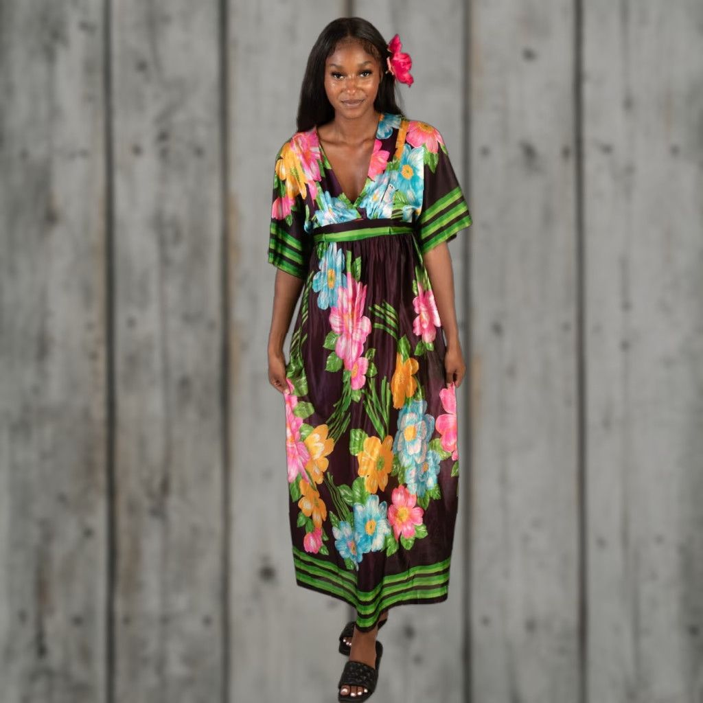 Vintage VINTAGE 1970s Hawaiian Maxi Dress Medium Brown Floral Print Boho Brown Acetate 54” Chest 15” Waist 28” Ragstock Mens Womens Girls Boys Size M / US 6-8 / IT 42-44 - 1 Thumbnail