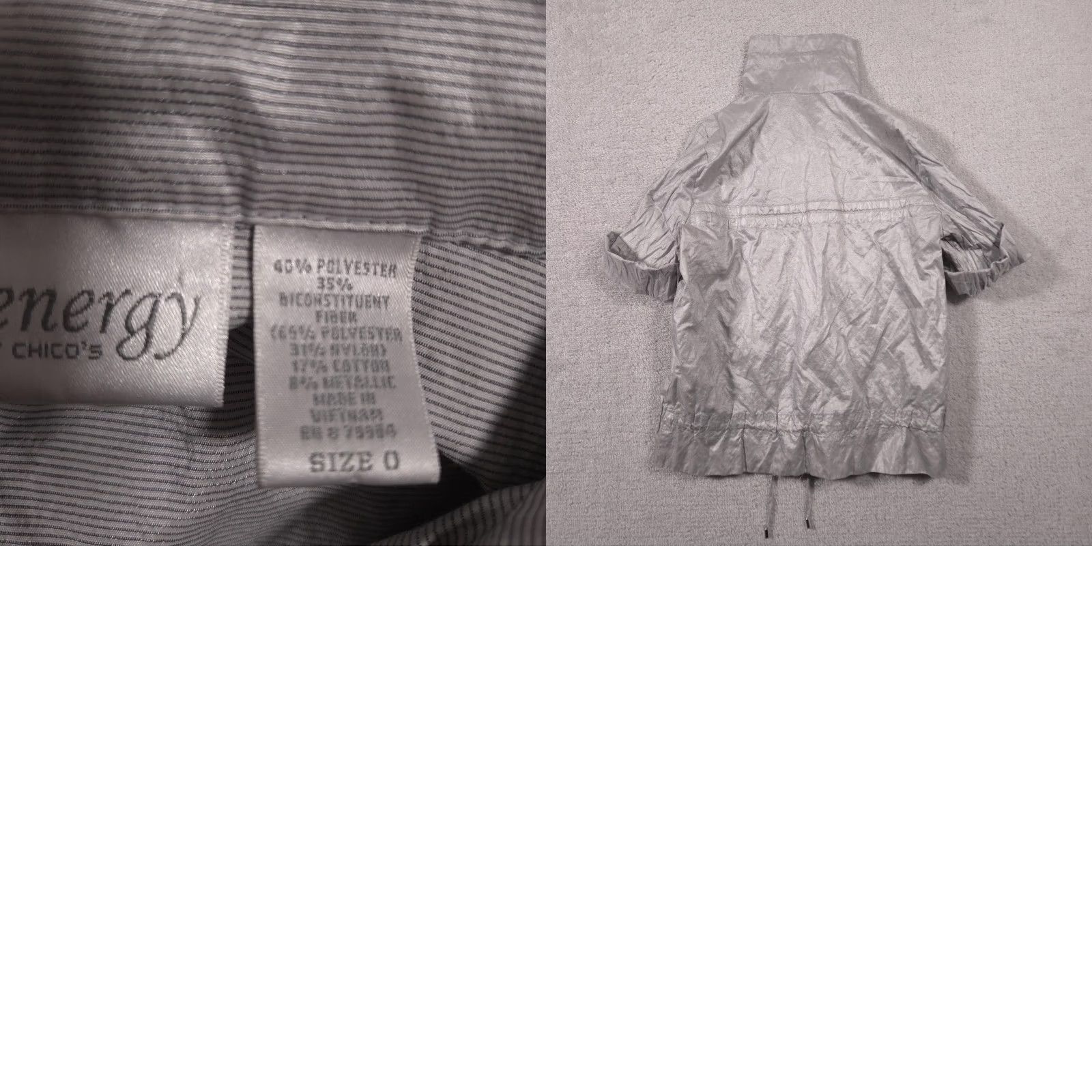 Vintage Zenergy Chico's Jacket Womens 0 Silver Short Sleeve Zip Front Drawstring Windbreaker Shoes? Size 25" / US 0 / IT 36 - 9 Thumbnail