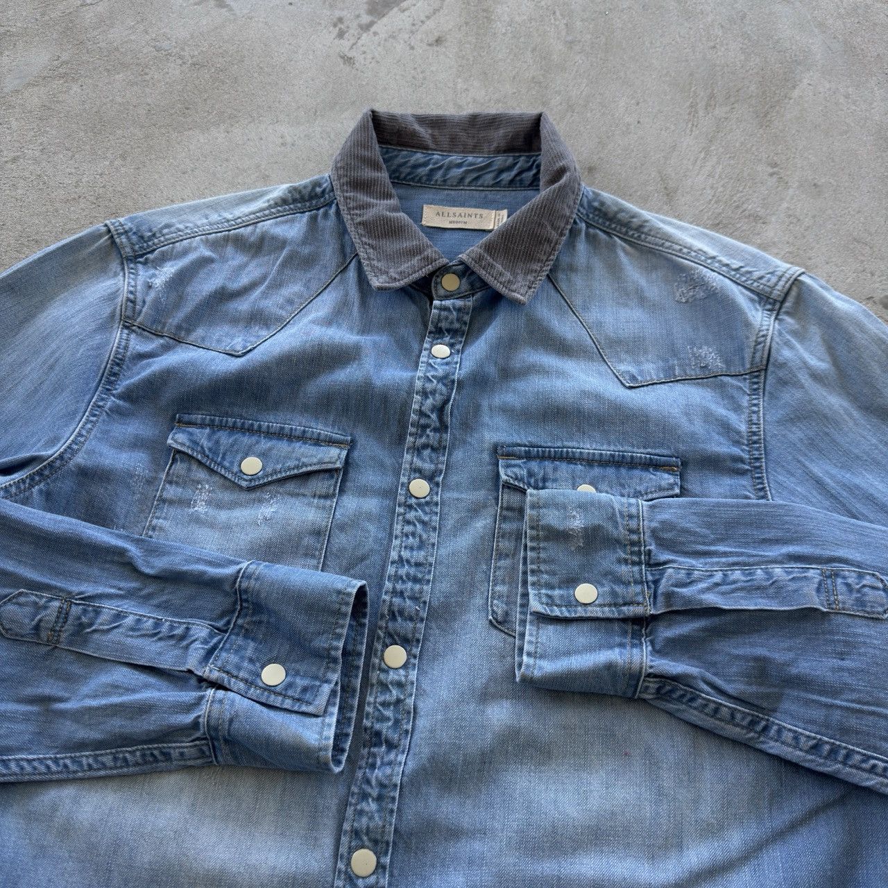 Allsaints AllSaints Blue Denim Western Shirt Corduroy Collar Medium Size US M / EU 48-50 / 2 - 4 Thumbnail