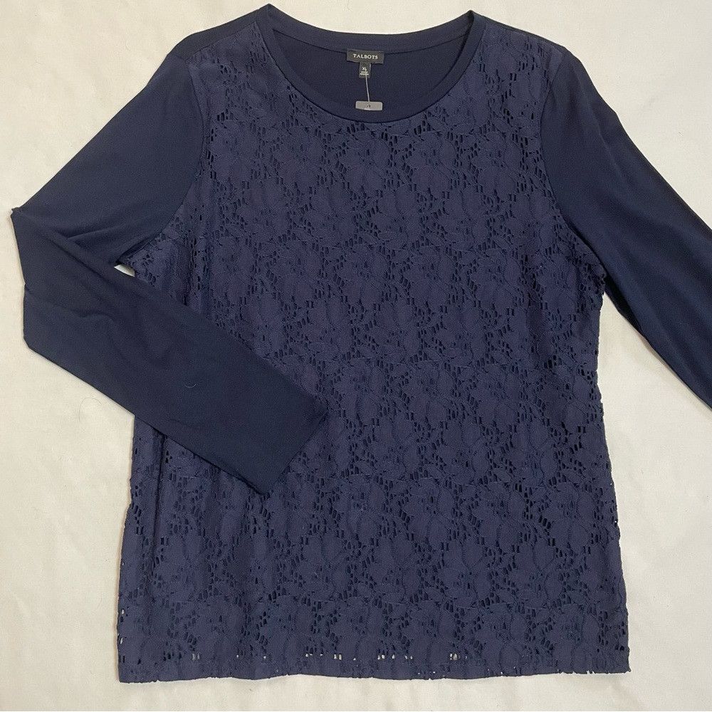 Talbots NWT New Talbots Navy Lace Front Long Sleeve Cotton Top Size Size XL / US 12-14 / IT 48-50 - 6 Thumbnail