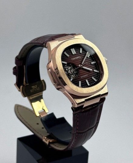 Japanese Brand Seiko Mod Nautilus Brown Open Dial Rose Watch Leather Strap Size ONE SIZE - 6 Thumbnail