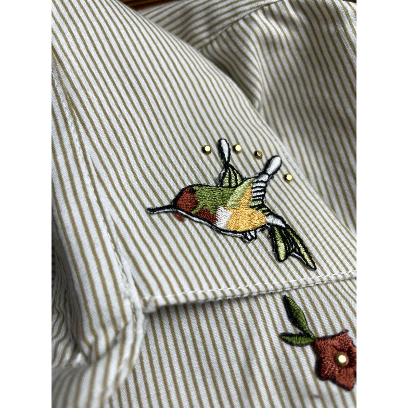 Vintage Las Olas Shirt Womens Small Cream Brown Striped Floral Embroidered Humming Bird Size S / US 4 / IT 40 - 5 Thumbnail