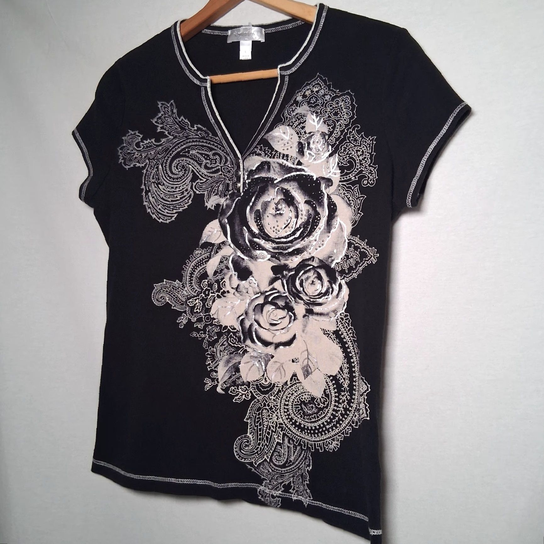 Vintage VINTAGE Dressbarn Shirt Women L Black Cap Sleeve Studded Rose Y2K Floral Silver V-neck Slim Size L / US 10 / IT 46 - 3 Thumbnail