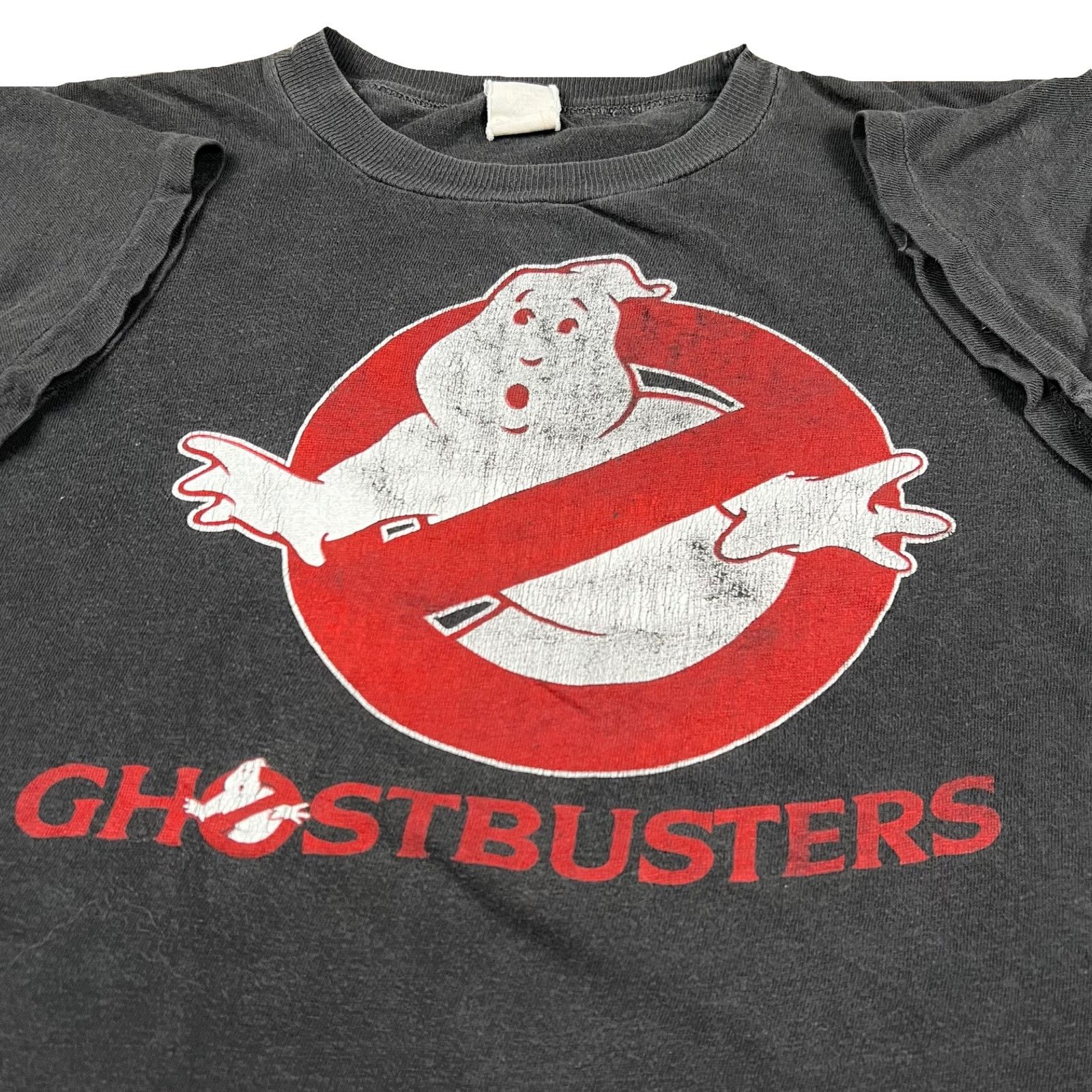 image of Vintage 80's Ghostbusters Movie Faded Black Graphic T Shirt, Men's (Size Small)