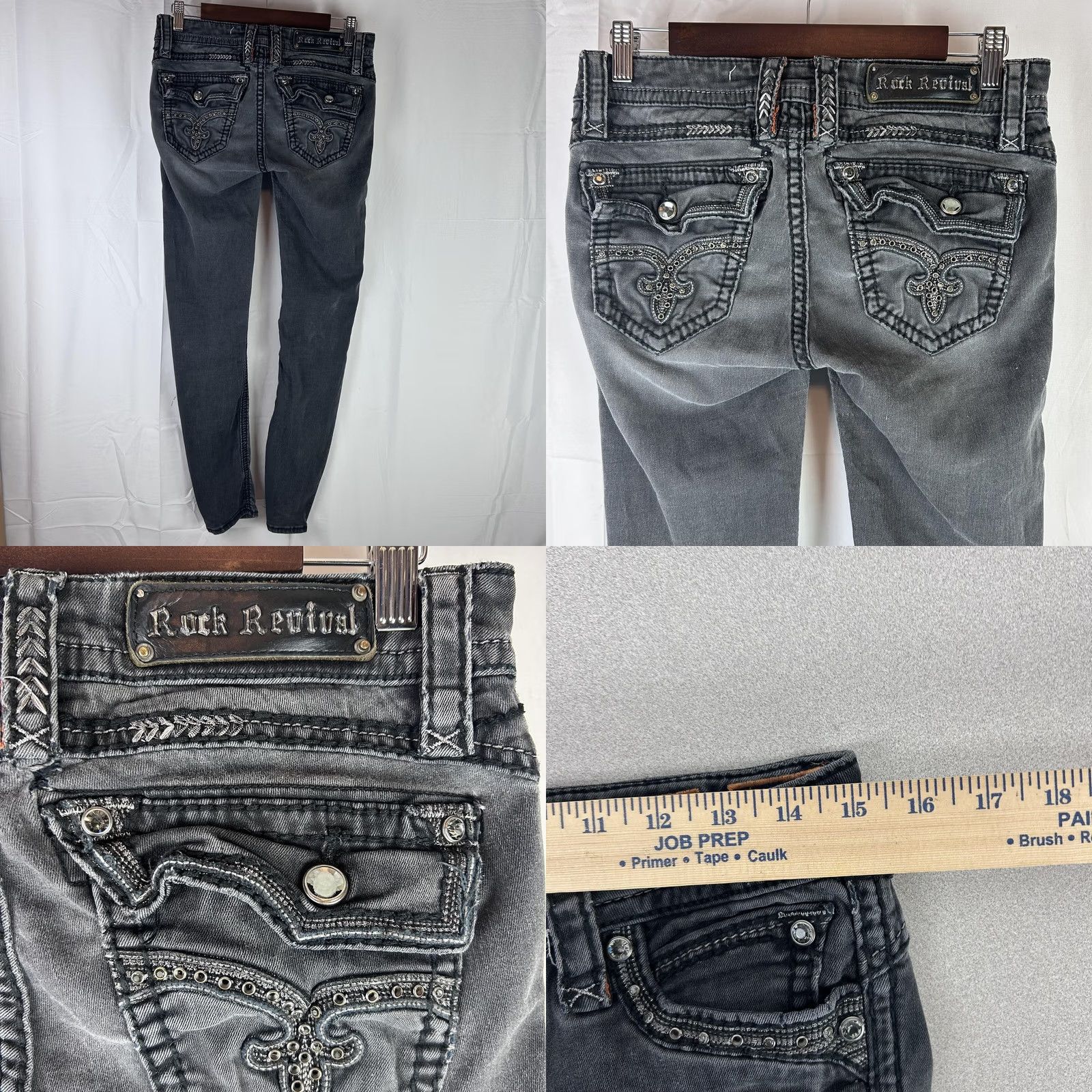 Vintage Rock Revival Eleanor Skinny Jeans Womens 29x30 Gray Rhinestone Embellished Denim Slim 5-Pocket Zip Fly Womens Size 29" - 9 Thumbnail