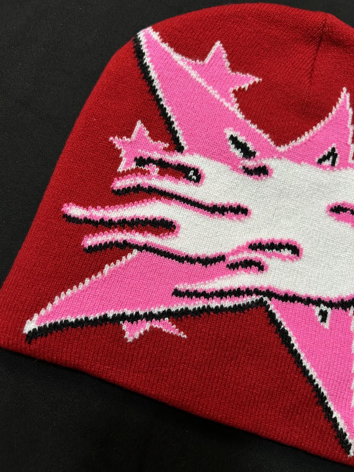 Japanese Brand Rare Pink Star Graphic No Cuff Knit Cap Beanie Red Hat OS Size ONE SIZE - 4 Thumbnail
