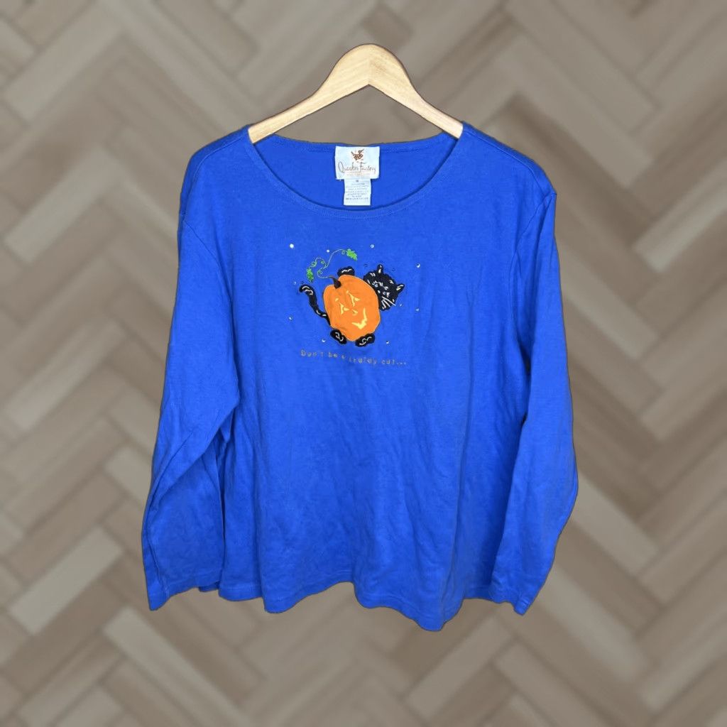 Quacker Factory VINTAGE Quacker Factory Black Cat Pumpkin Embroidered Halloween Long Sleeve Shirt 1X Size XL / US 12-14 / IT 48-50 - 1 Thumbnail