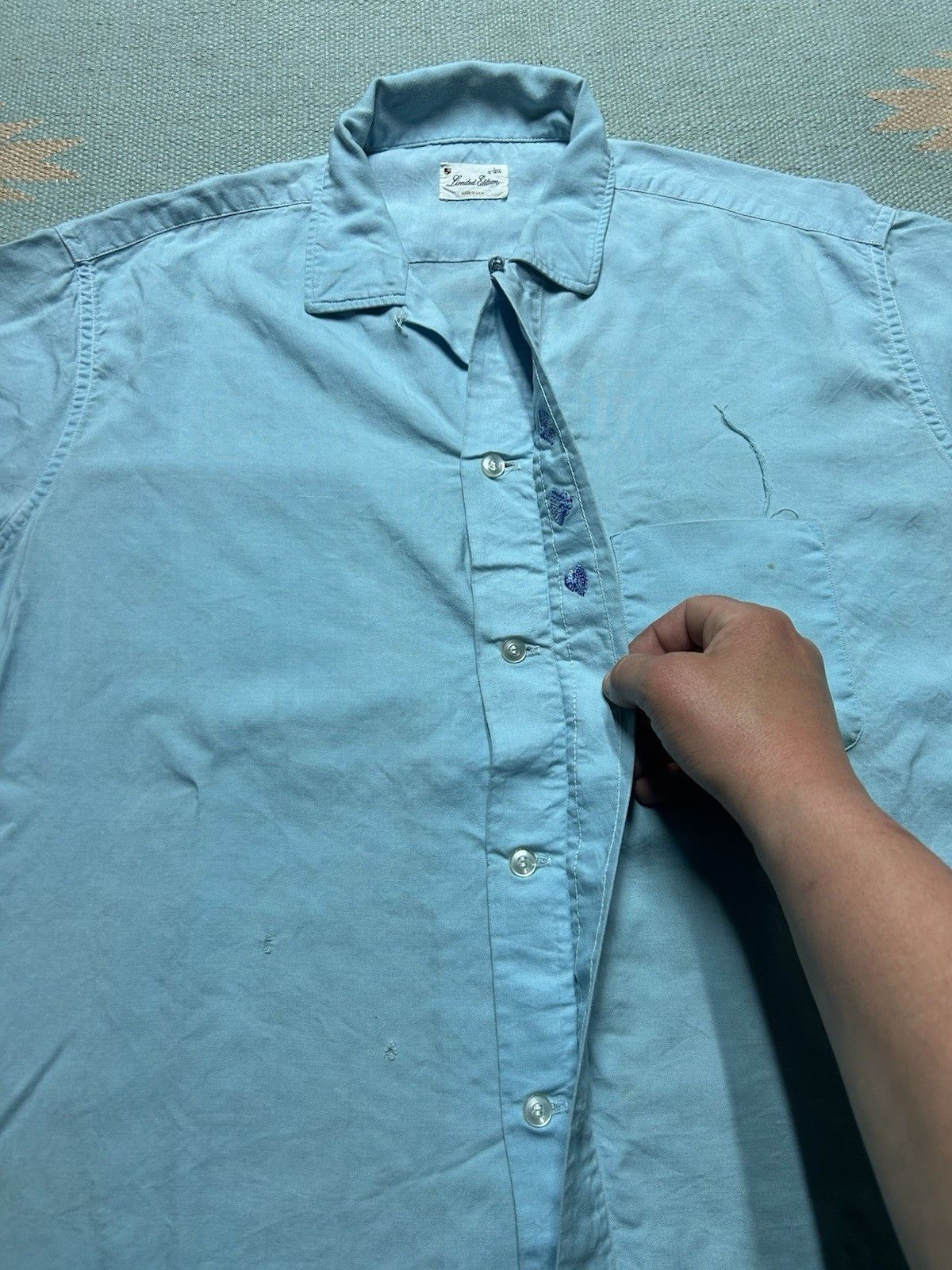 Vintage Vtg 1950s button shirt loop collar rayon light blue large Size US L / EU 52-54 / 3 - 6 Thumbnail