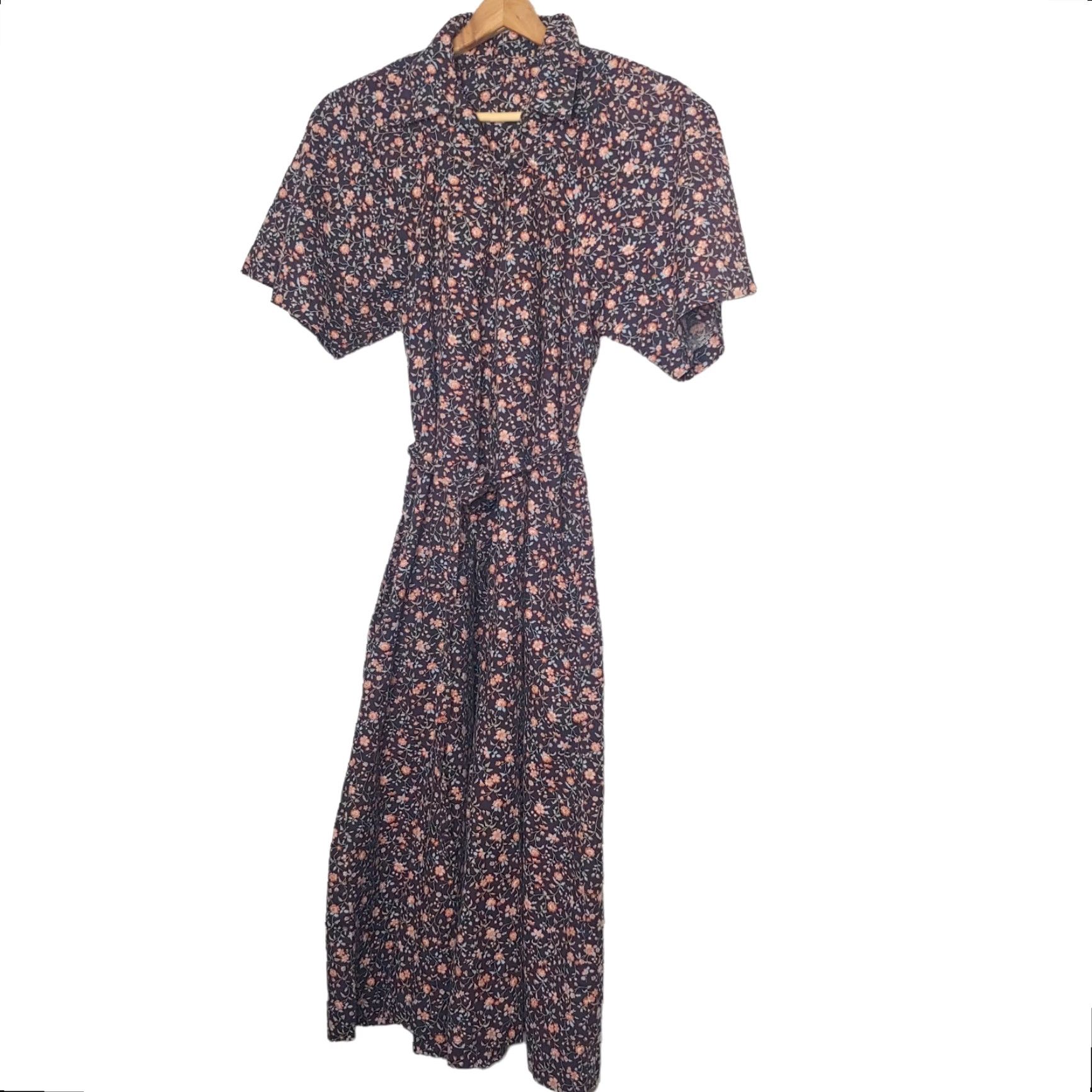 Vintage VINTAGE Flowers Dress Short Sleeve Belted A-Line Cadet Blue Pink Floral Cotton Knee Length Womens S USILGWU Belted Dress Vintage Small Size 28" / US 6 / IT 42 - 2 Thumbnail