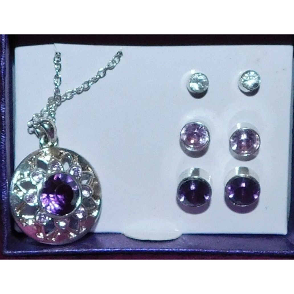 Other Silver And Purple Jewelry Set (Necklace, 3 Pairs Of Earrings Size ONE SIZE - 2 Thumbnail