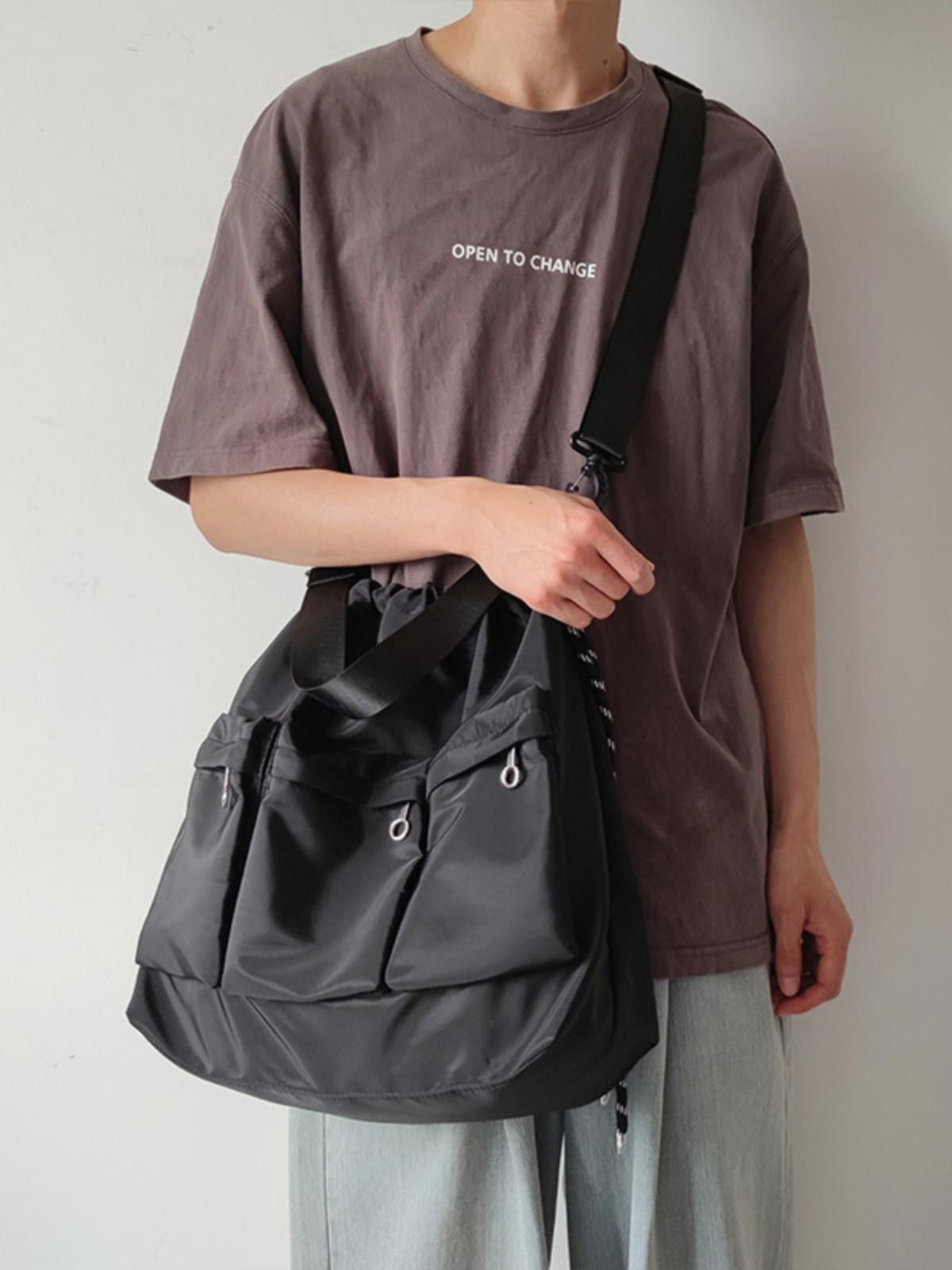 Vintage Trendy Black Drawstring Bag with Pockets Size ONE SIZE - 4 Thumbnail