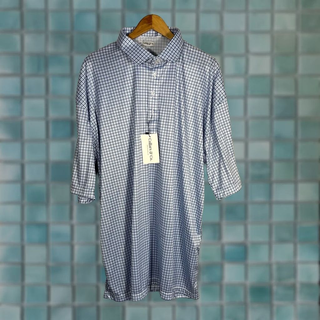 CO Collars & Co Mens Dress Collar Polo Shirt 4XL Blue White Check Stretch New Size 48R - 1 Thumbnail