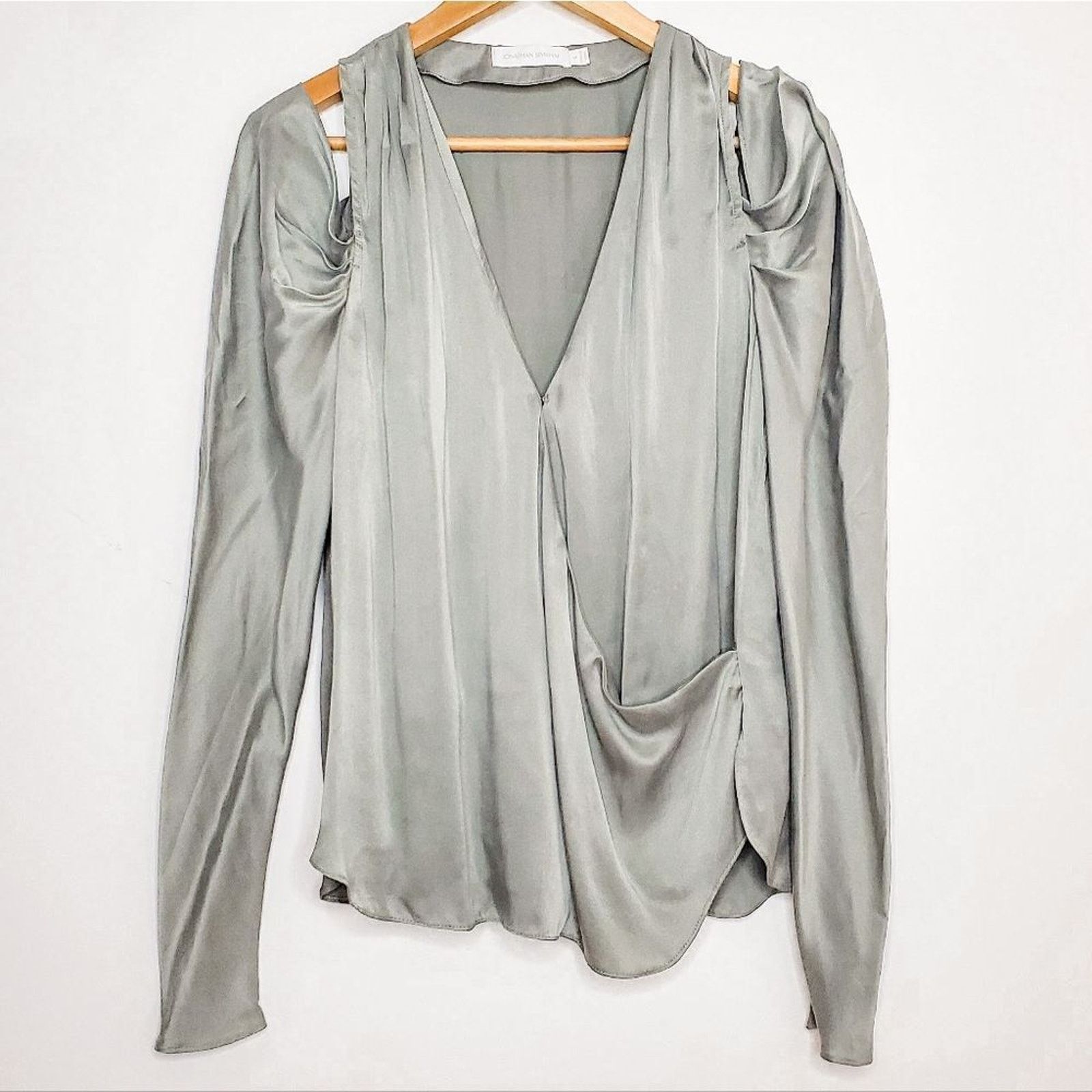 Jonathan Simkhai Jonathan Simkhai Sage Green Remington Silk V-Neck Blouse S Size S / US 4 / IT 40 - 2 Thumbnail