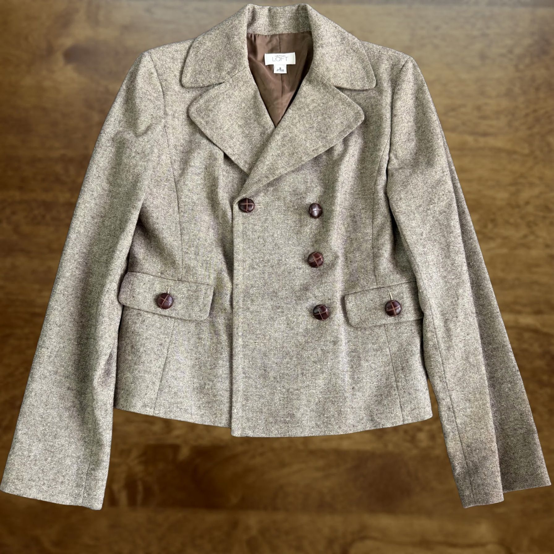 Ann Taylor VINTAGE Ann Taylor LOFT Blazer Shirt Womens 6 Beige Tweed Double Breasted Lined Career Size M / US 6-8 / IT 42-44 - 1 Thumbnail