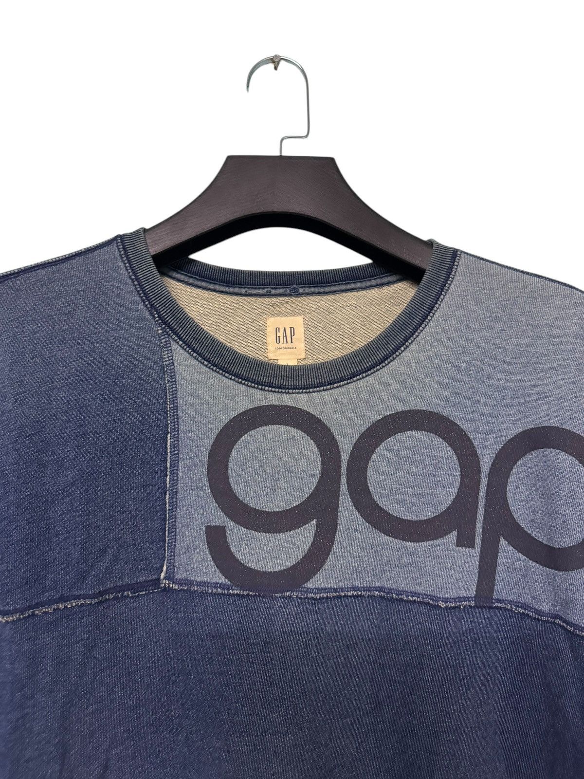 Gap × Vintage VINTAGE GAP INDIGO PATCHWORK SUNFADED DAMAGE SWEATSHIRT Y2K Size US L / EU 52-54 / 3 - 6 Thumbnail