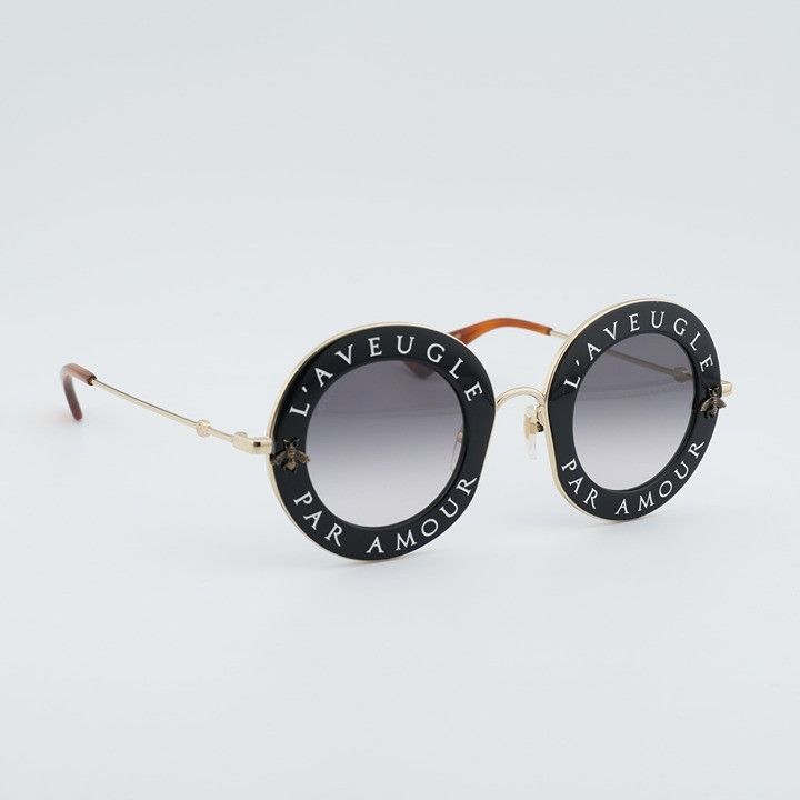 Gucci Gucci GG0113S 001 Sunglasses Black Gold Round Frame, Grey Size ONE SIZE - 5 Thumbnail
