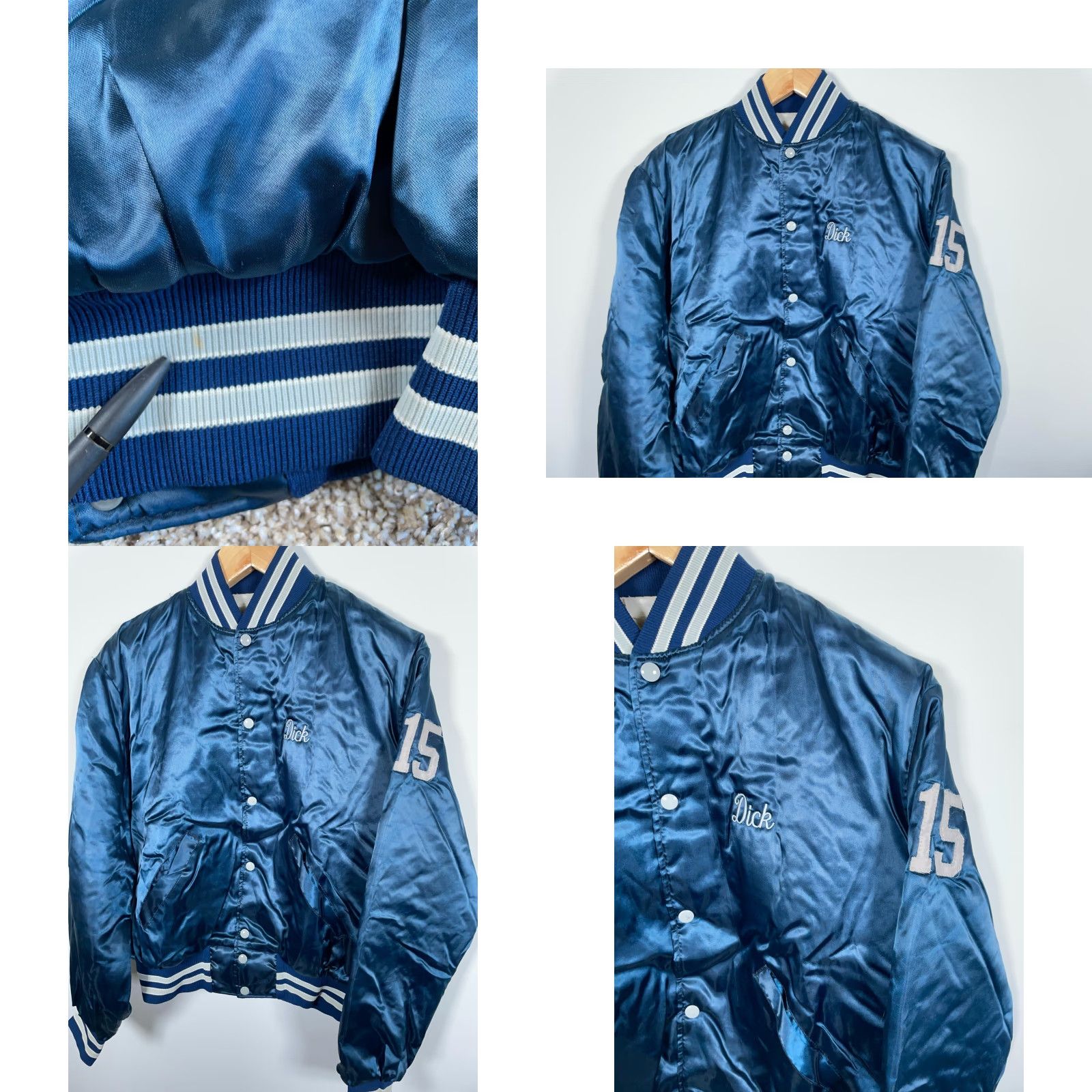Warehouse VINTAGE 80s Satin Bomber Jacket Mens XL Blue Warehouse Dick chainstitch script Snap Front Pockets Quilted Lined Size US XL / EU 56 / 4 - 8 Thumbnail