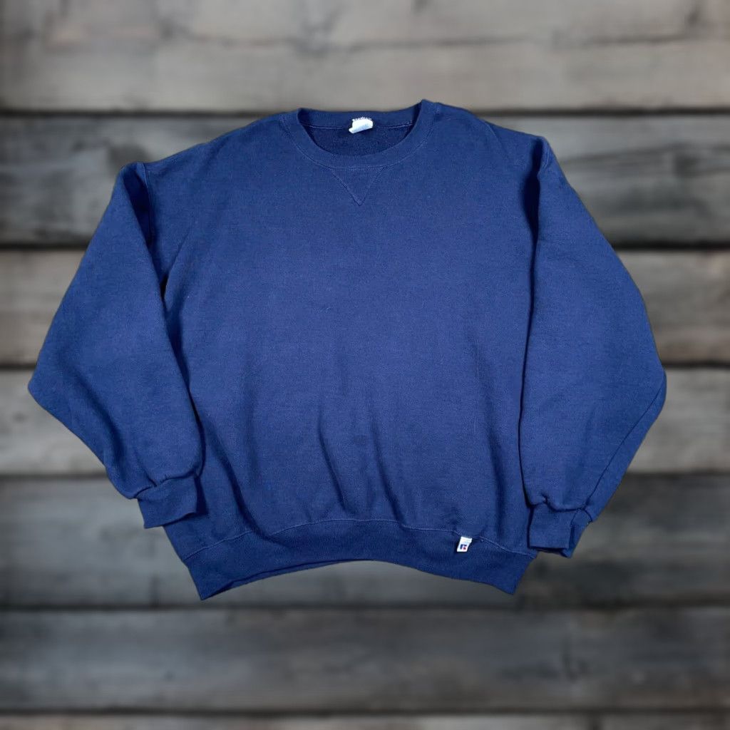 Russell Athletic VINTAGE Russell Athletic Crewneck Sweatshirt Adult XL Dark Blue Solid 50/50 Mens Sweatshirt Retro 90s Oversized Pullover Blank Cotton Poly Blend Size US XL / EU 56 / 4 - 1 Thumbnail