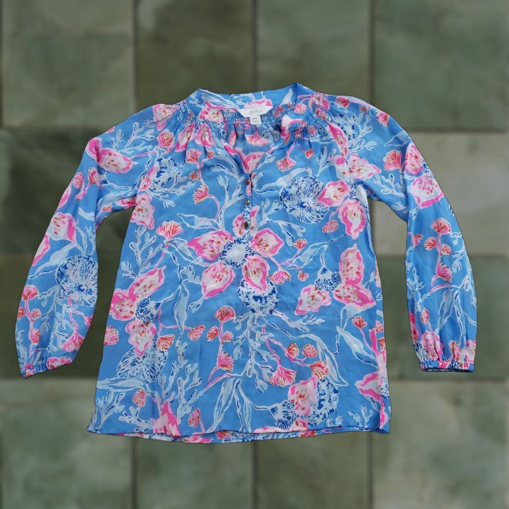 Lilly Pulitzer Lilly Pulitzer Shirt Womens XXS Blue Pink Floral 100% Silk Long Sleeve Top Size XXS / US 00 / IT 34 - 1 Thumbnail