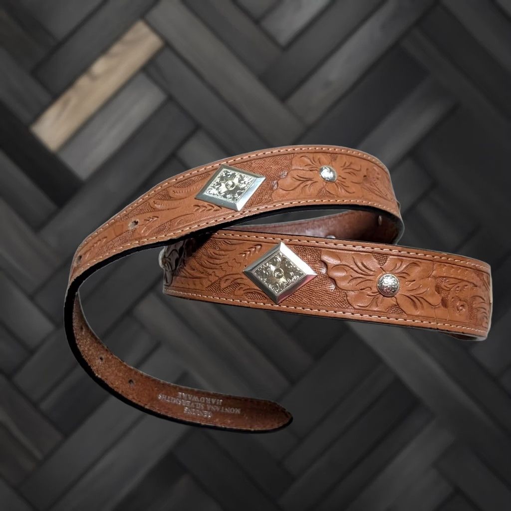 Vintage VINTAGE Montana Silversmiths belt Concho Leather Western Belt Men 34 Brown Floral Rodeo Size 34 - 1 Thumbnail