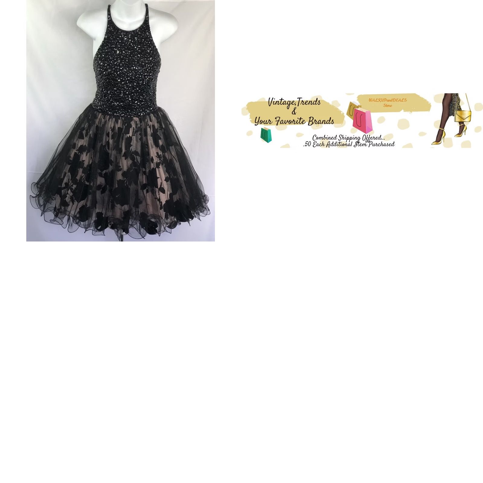 Vintage Jovani Formal Dress 4 Sleeveless Blk/Pnk Floral Beaded Halter Wired Full Skirt Size 27" / US 4 / IT 40 - 8 Thumbnail
