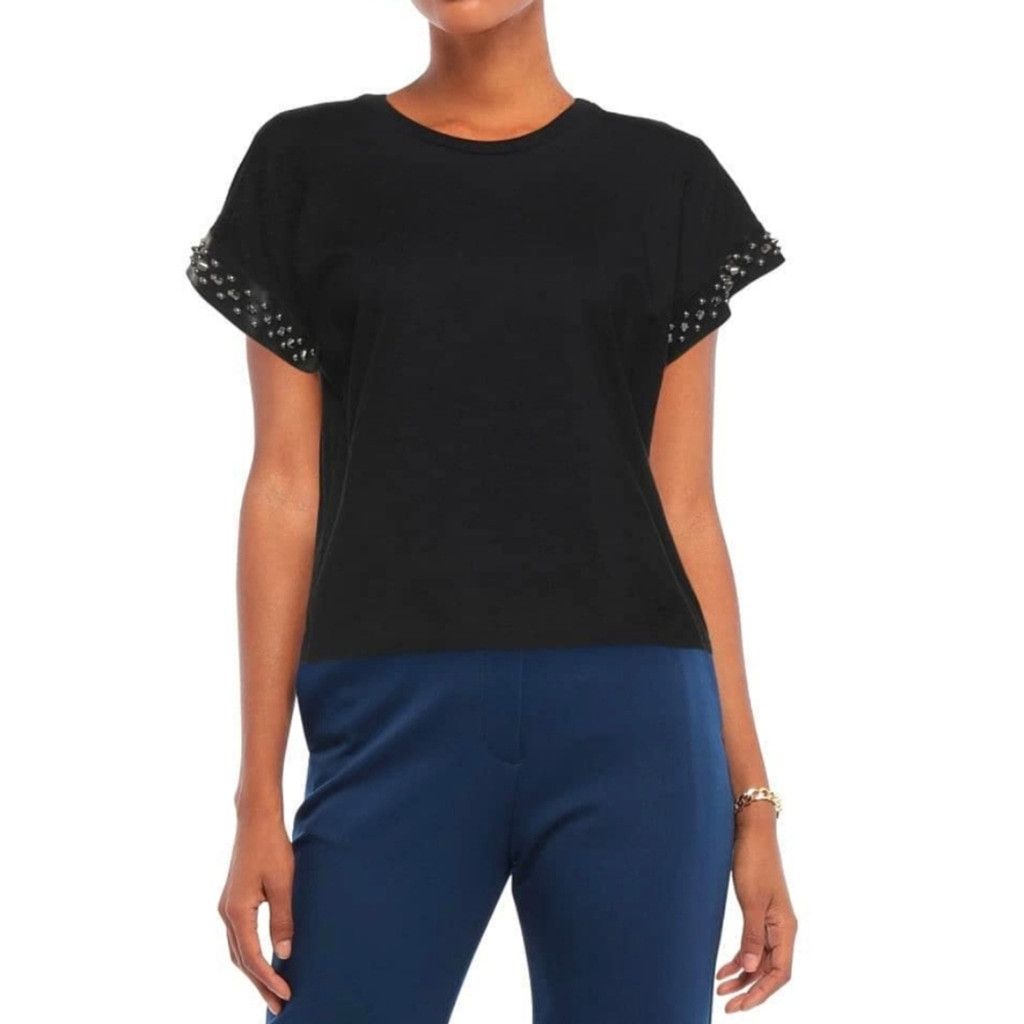 Dsquared2 DSQUARED Black T-Shirt With Leather Studded Sleeves Size XS / US 0-2 / IT 36-38 - 2 Thumbnail