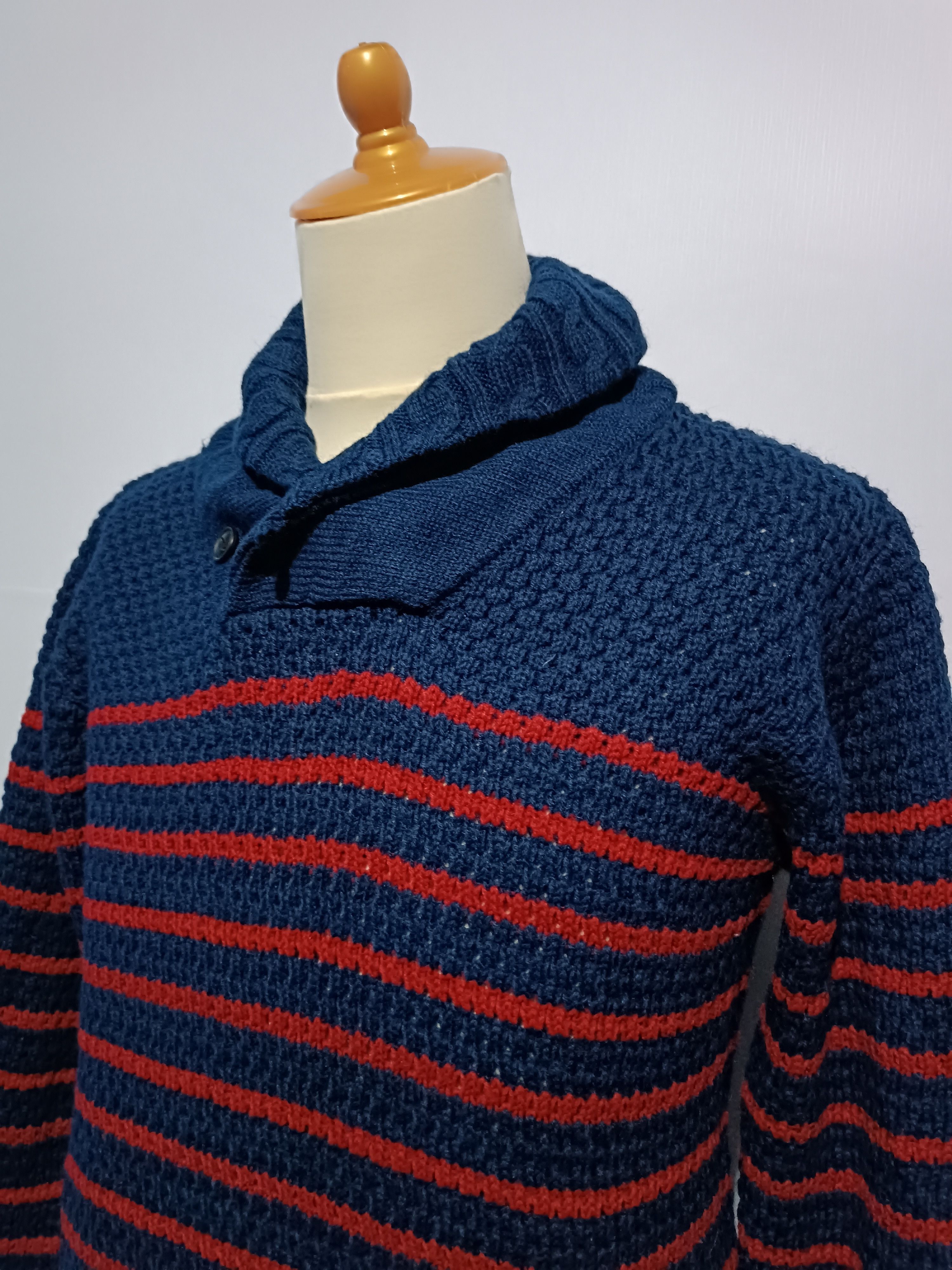 Japanese Brand Men's Shawl Collar Striped Textured Knit Pullover Sweater Size US M / EU 48-50 / 2 - 2 Thumbnail