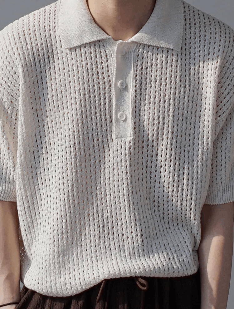 Vintage Korean fashion beige knit polo top Size US L / EU 52-54 / 3 - 1 Thumbnail