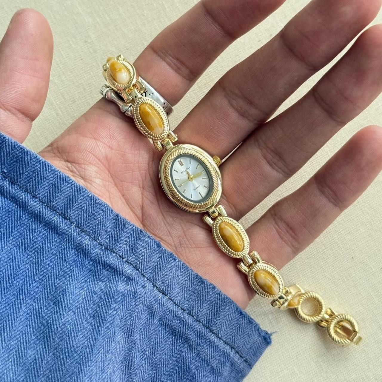 Japanese Brand y2k gold round stainless quartz yellow stone charm watch Size ONE SIZE - 4 Thumbnail