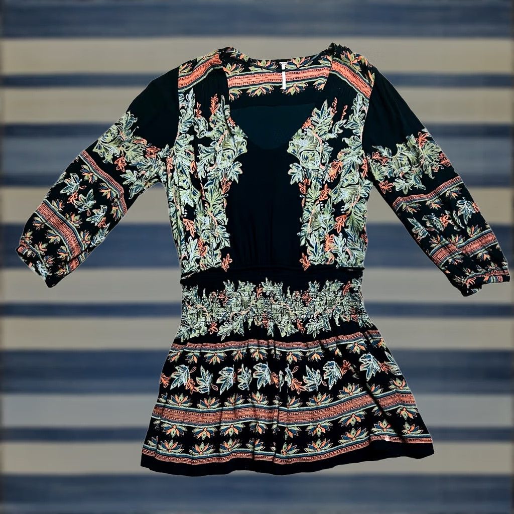 Free People Free People Moonlight Drive Printed Mini Dress Boho Tassels Women’s Size M Black Floral Asymmetric Sleeve Lined Short Dress Size M / US 6-8 / IT 42-44 - 1 Thumbnail