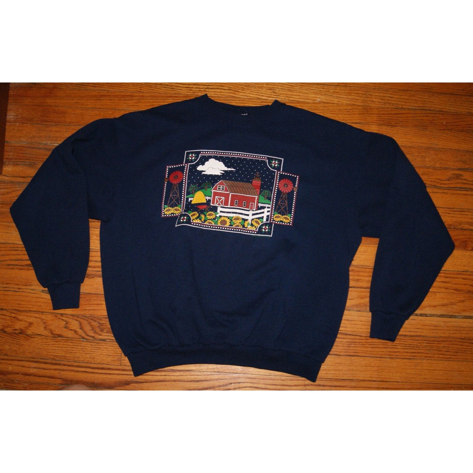Vintage VTG Farm Red Barn Sunflowers Womens Blue XL Sweatshirt USA Size US XL / EU 56 / 4 - 2 Thumbnail