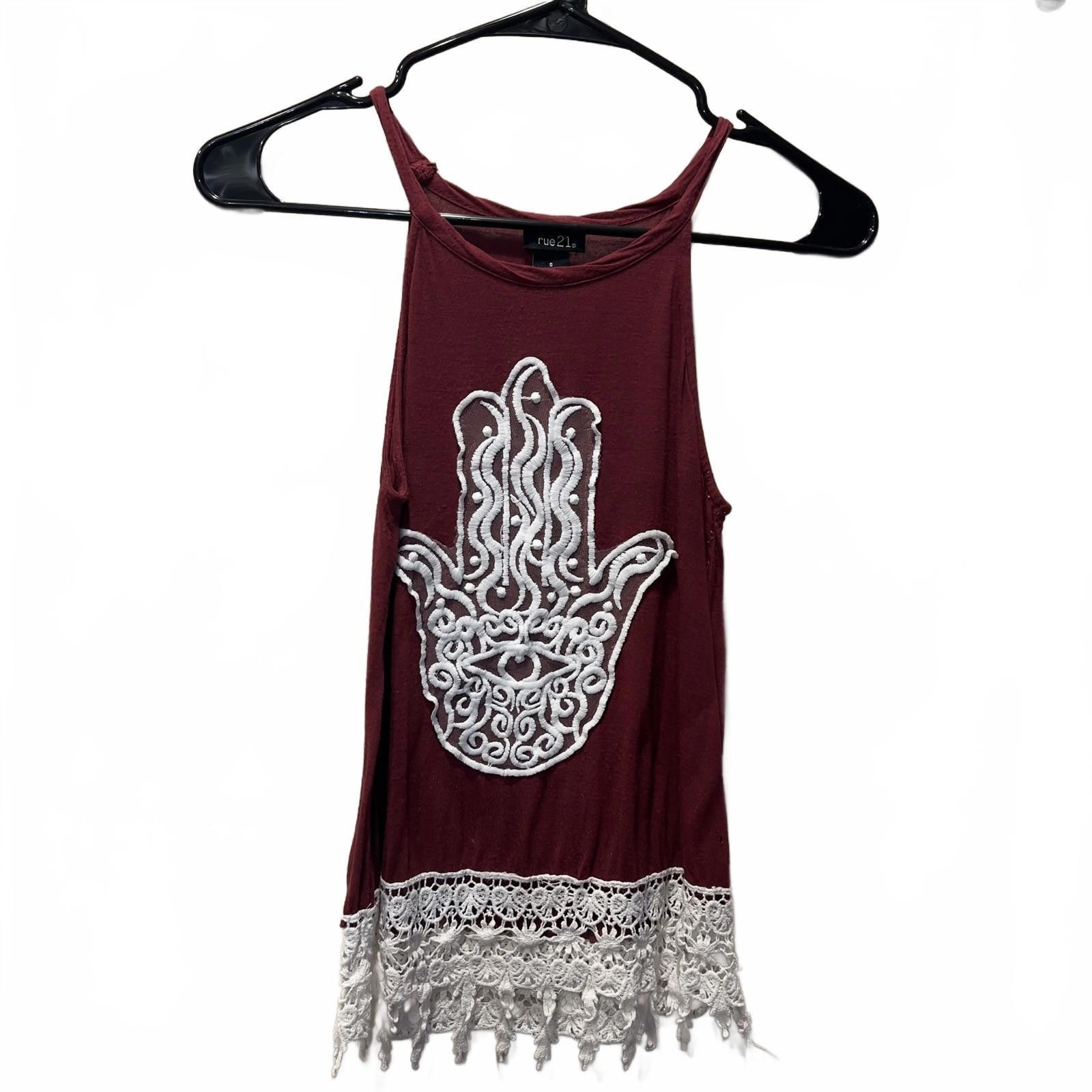 rue21 Rue21 Women's Burgundy Tank Top with White Lace and Embroder Size S / US 4 / IT 40 - 1 Thumbnail