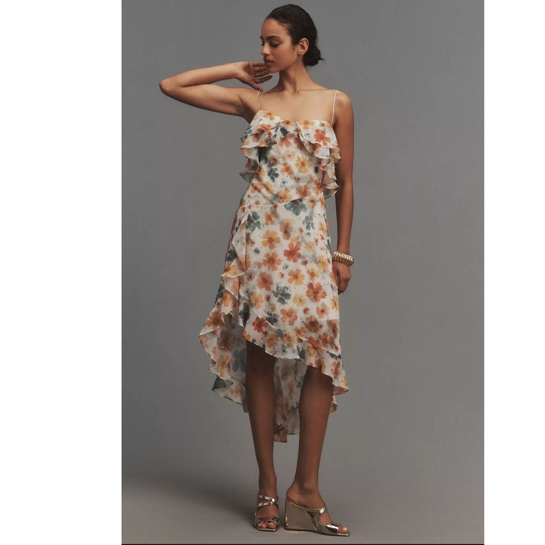 navy blue dress for baby girl By Anthropologie Asymmetrical Floral Midi Dress main image 1