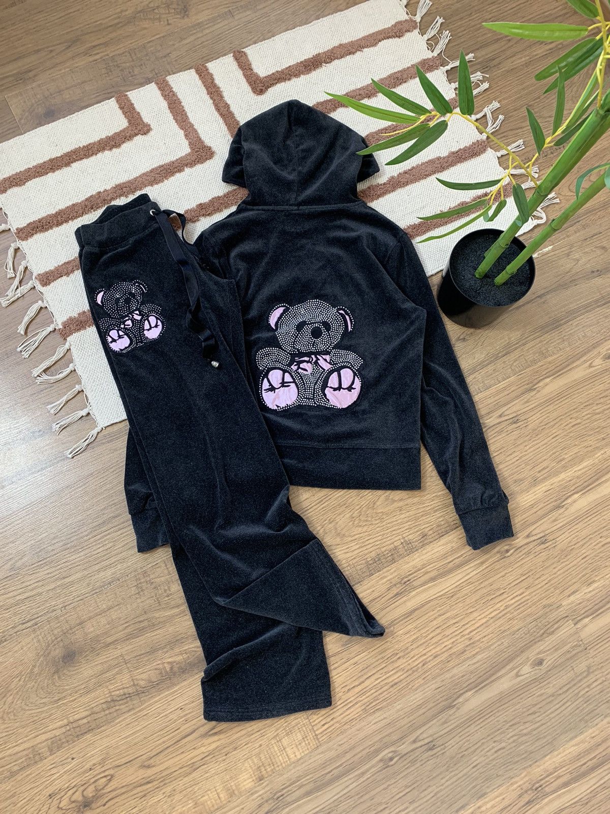 Pantalon Large Velours Vintage Adidas Y2K - Taille L - Noir - Deadstock