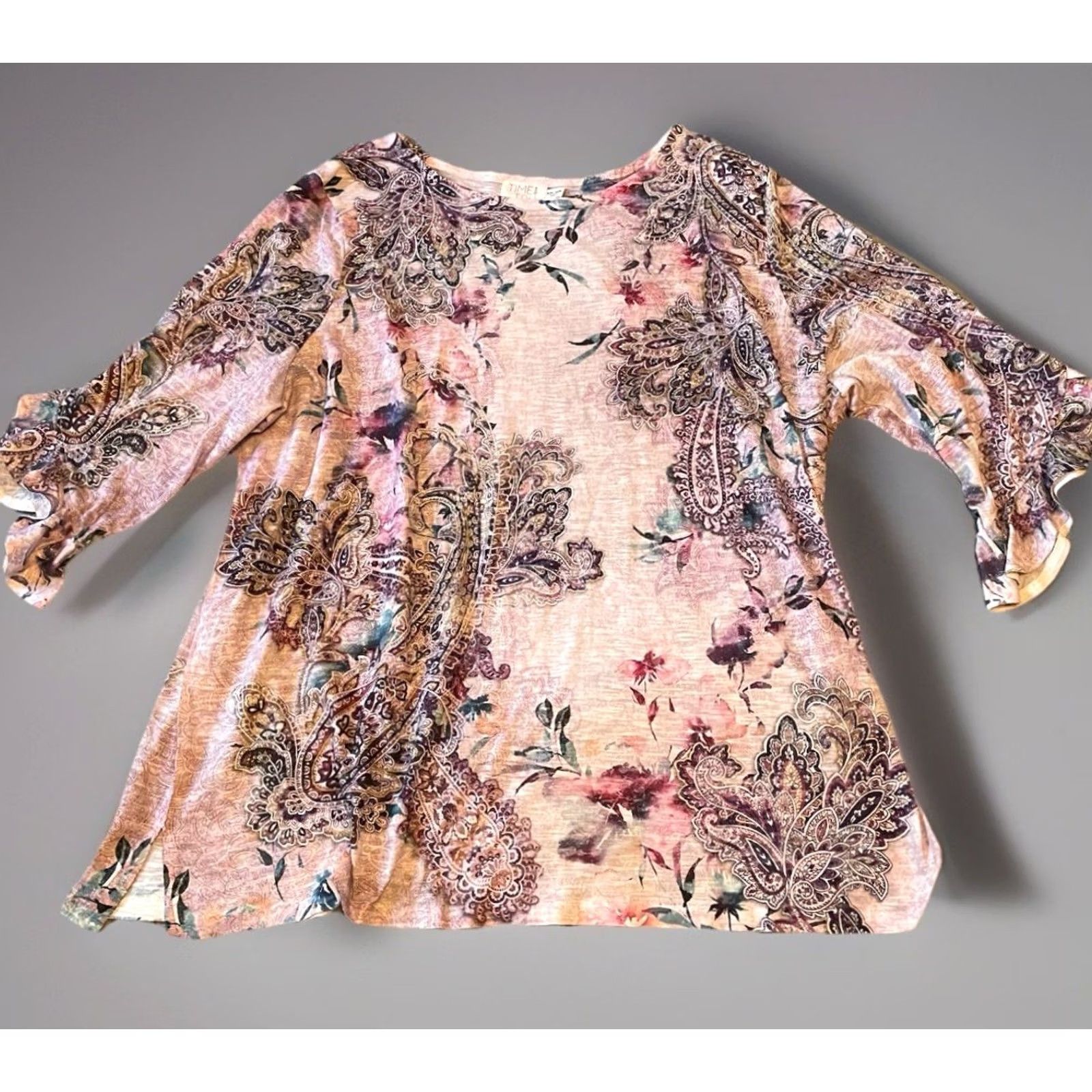 Vintage TIME & TRU Blouse Shirt Womens Bohemian Purple Paisley 20 XXL 3/4 Sleeve Flared Studded Lightweight Regular Large Size 3XL / US 20-22 - 2 Thumbnail