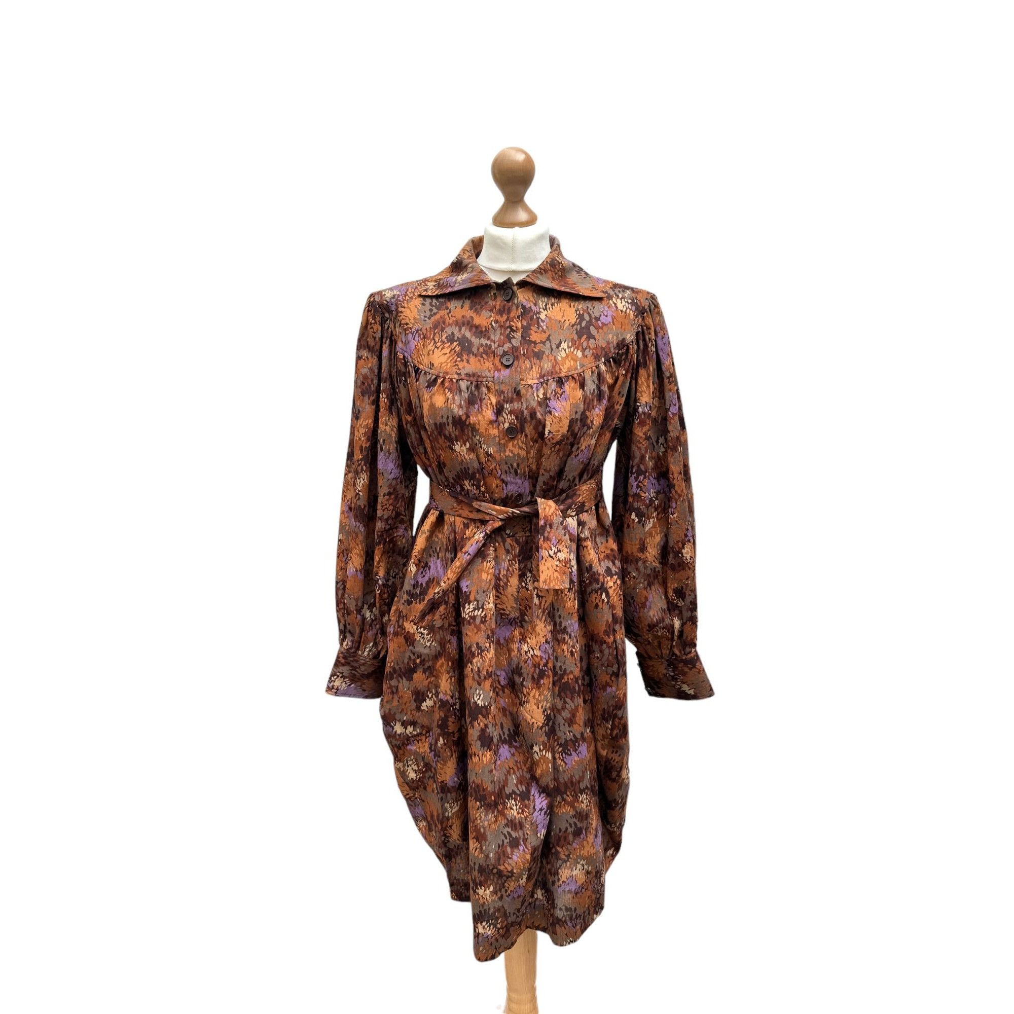 image of YVES Saint Laurent 1970S Brown Silk Printed Belted Dress, Women's (Size Medium)