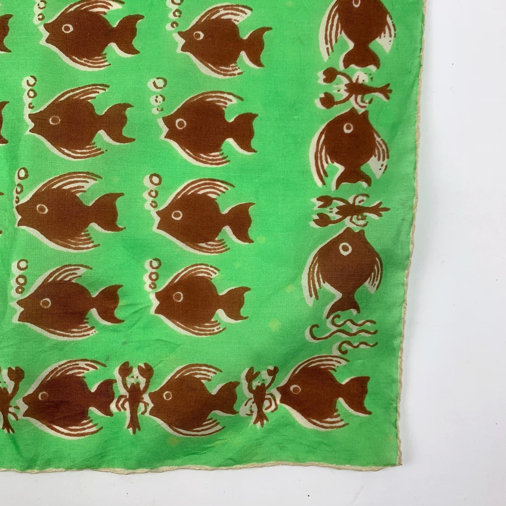 Vintage VINTAGE Fish Bubbles Green Brown Hand Rolled Square Scarf 16.5" x 16.5" - Women Scarf Square Green Fish Bubbles 60s Vintage Weathered Edges Size ONE SIZE - 2 Thumbnail