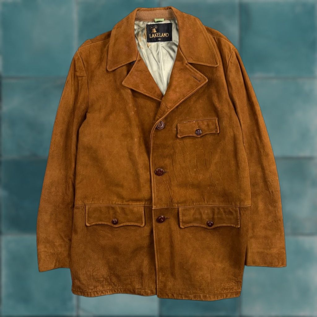 VINTAGE Lakeland Leather Western Suede Brown Jacket Chore Coat Size 42 Mens Regular Leather Lined Pockets Brown USA Retro 42 Mens