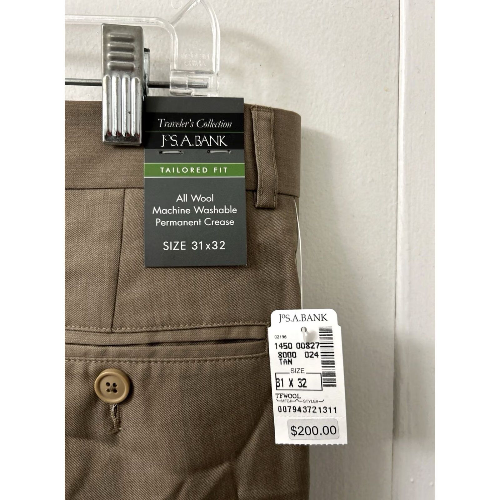 Vintage Jos A Bank Pants Mens 31 Beige 31x32 Tan Wool Traveler Collection YKK NWT MSRP Size US 31 - 4 Thumbnail
