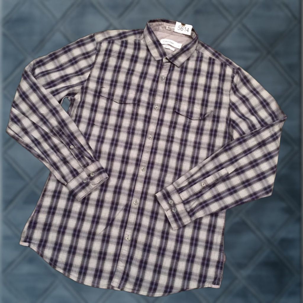 Calvin Klein Calvin Klein Shirt Mens Medium Gray Blue Plaid Roll Tab Long Sleeve Button Up Size US M / EU 48-50 / 2 - 1 Thumbnail