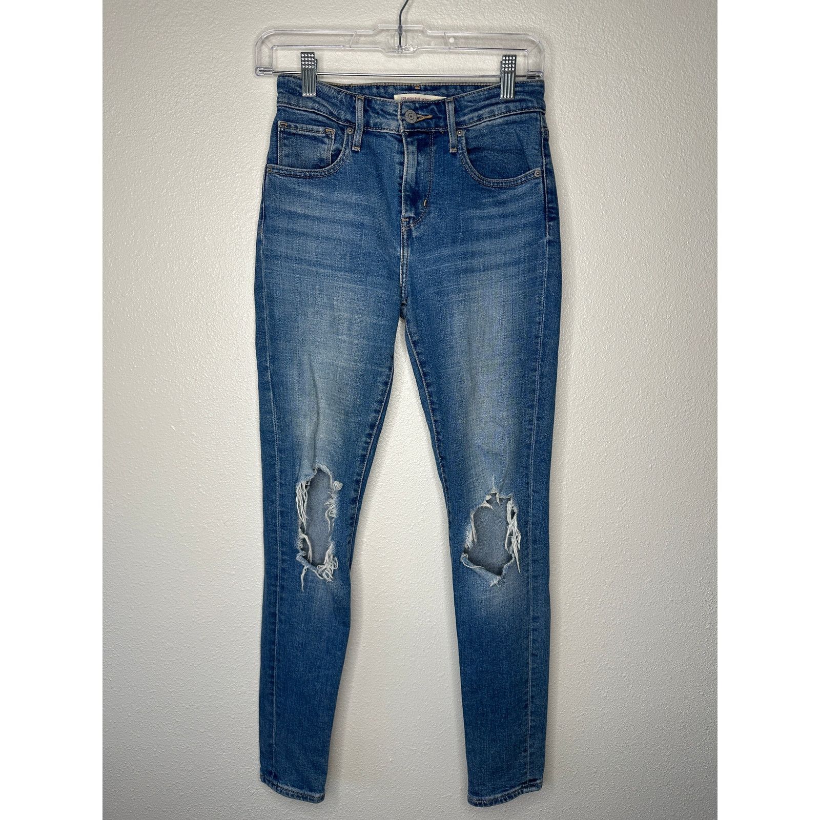 Levi's Levis Medium Wash 721 HighRise Distress Knee Skinny Jean 25 Size 25" / US 0 / IT 36 - 2 Thumbnail
