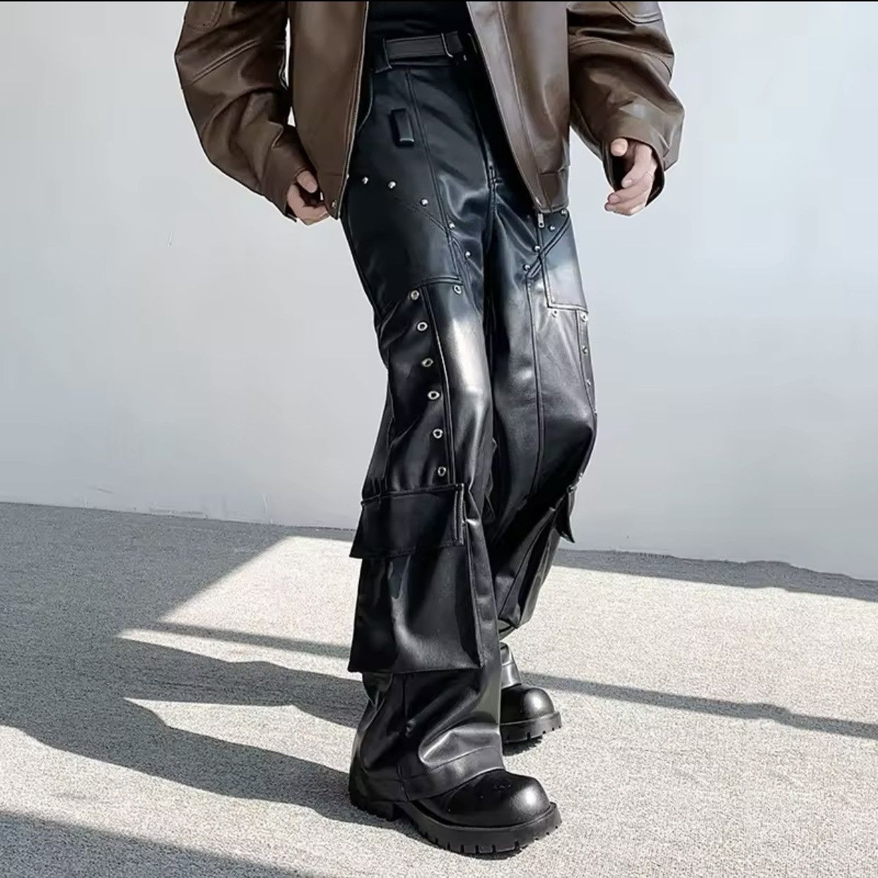 Japanese Brand × Vintage Leather Trousers Rivet Niche Design PU Casual Pants Size US 35 - 4 Thumbnail