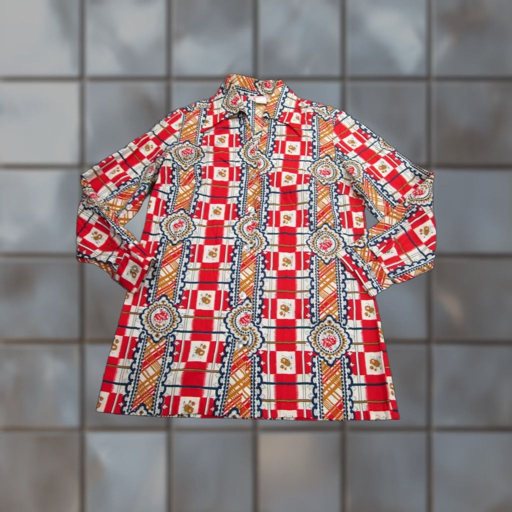 Vintage VINTAGE Style Craft Shirt Women 70s Button-Up Plaid Floral Red Blue 12 Adult Women Size XL / US 12-14 / IT 48-50 - 1 Thumbnail