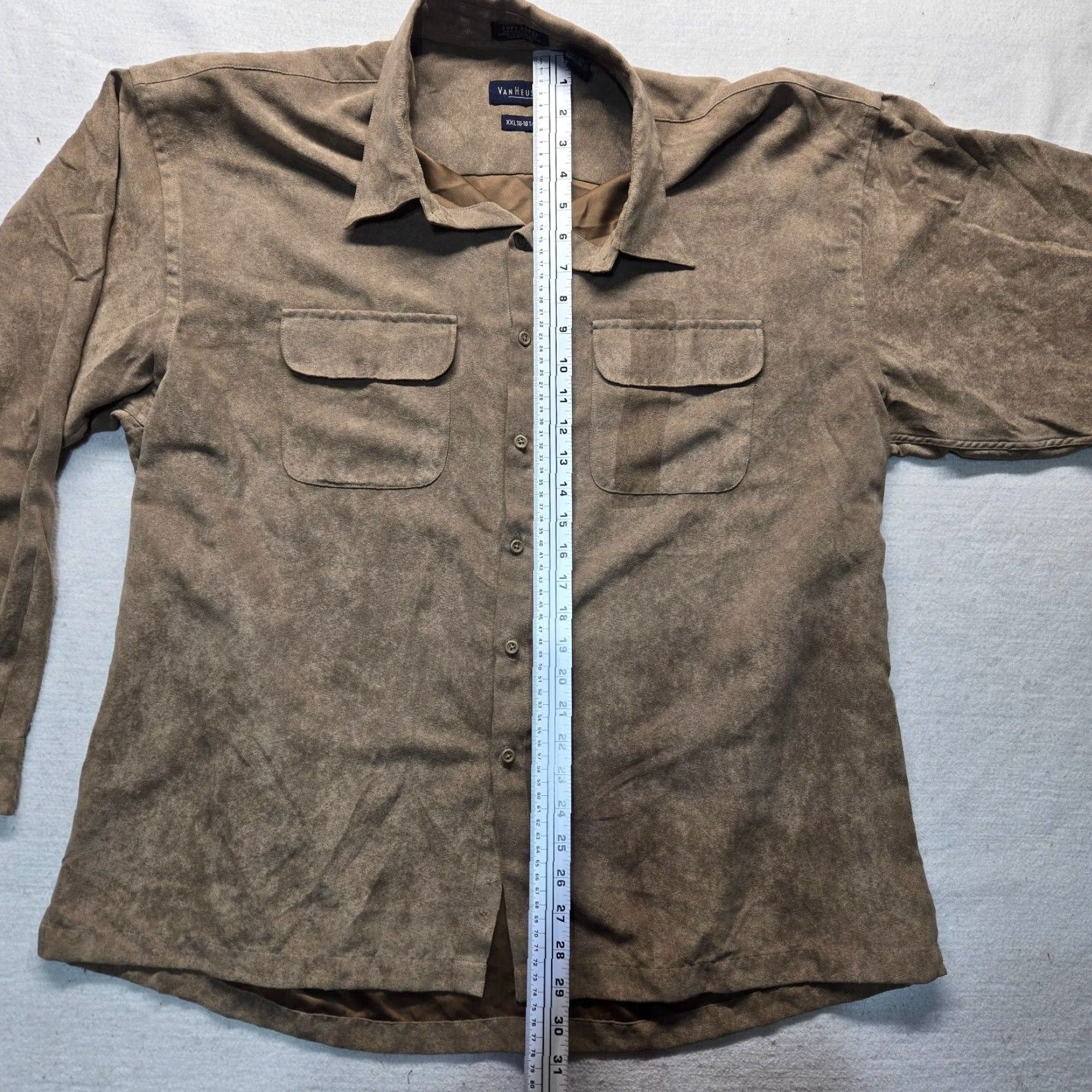 Van Heusen Van Heusen Shirt Button-Up Adult Mens 2XL Brown Suede Polyester Long Sleeve Button-Down 18 18.5 Casual Business Travel Workwear Size US XXL / EU 58 / 5 - 6 Thumbnail